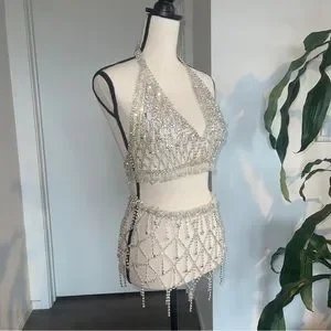 AKIRA | Jewelry | Crystal Rhinestone Diamond Bra Top Skirt Set Silver ...